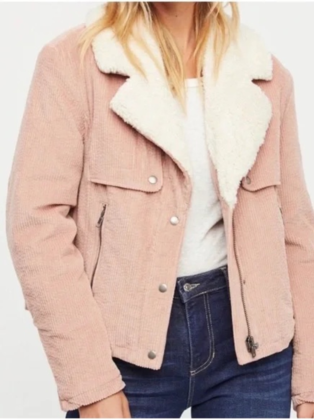 Free People Pink Corduroy Teddy Collar Jacket